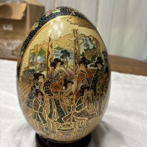 Large Satsuma Porcelain Egg Vintage Gold Gilded Hand Painted 12" Tall Beautiful!